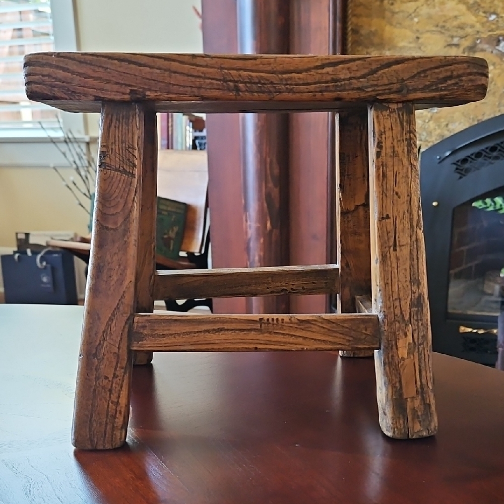 Antique Primitive Rustic Handmade 11 Inch Wooden Stool, Amazing Patina